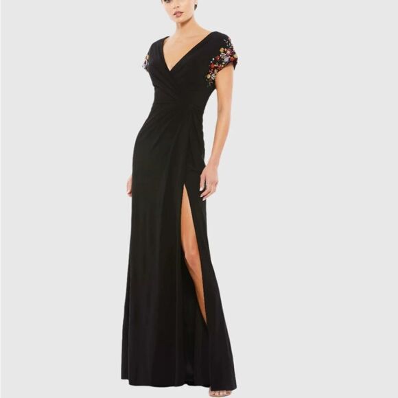 Ieena for Mac Duggal 55709 Embellished Sleeve Jersey Wrap Gown 4 NWT $498 - Picture 4 of 5